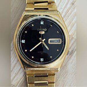 Seiko 5 Automatic Rare Vintage Men’s Watch Diamonds Burgundy Dial Gold Plated
